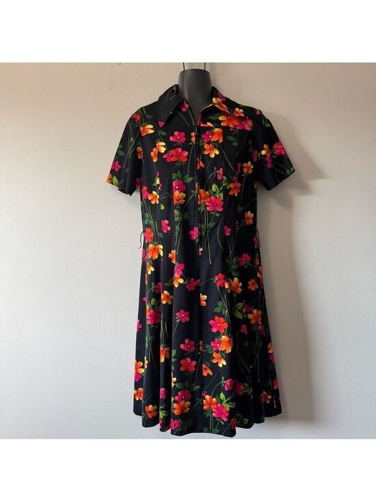 Leo-Danal Dresses & Skirts - Vintage 70’s Leo Danal Canada Elegant Floral Black Midi Dress SZ 12